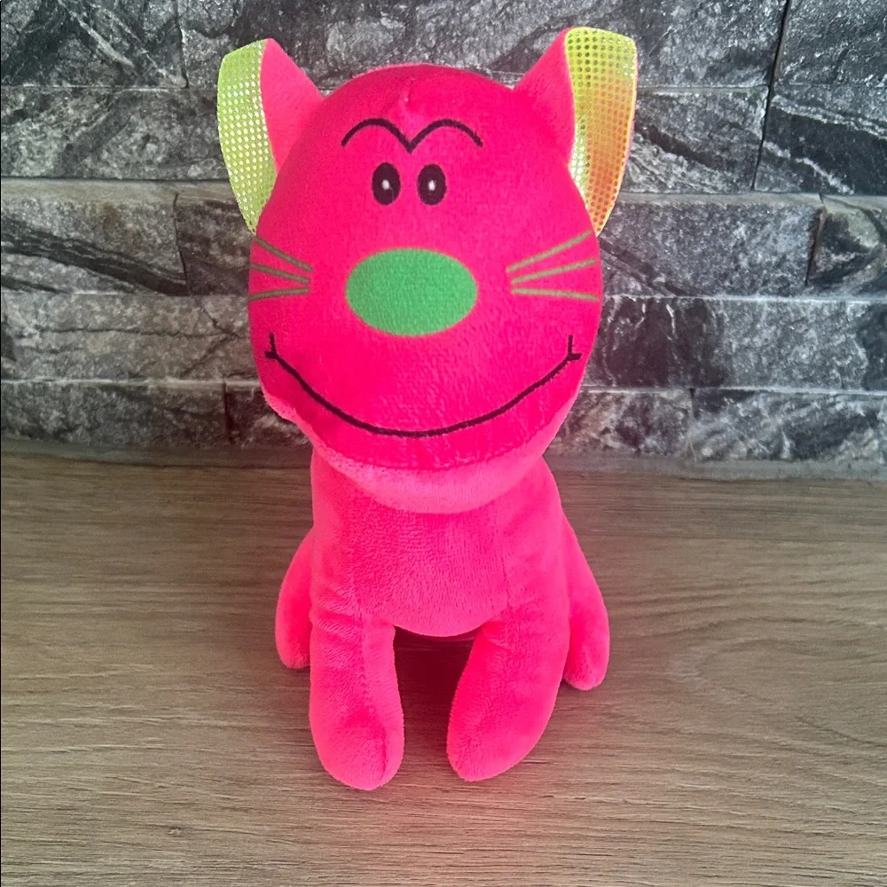 Calplush Bright Pink Cat Stuffed Animal with Green Nose Accent 7”